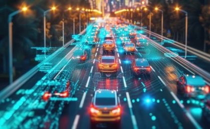 An AI overlay of traffic direction and movement as cars zoom on a freeway at dusk.